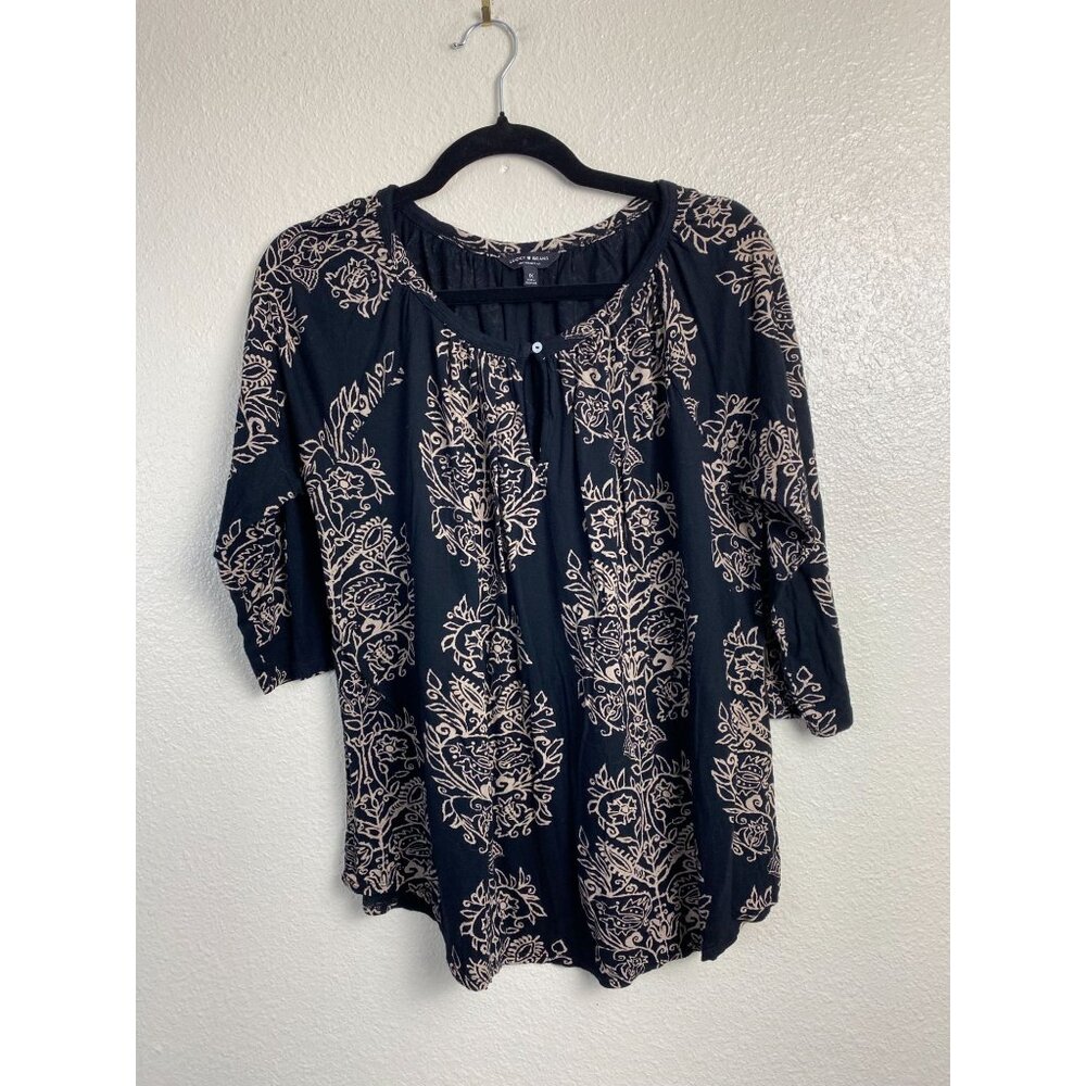 Lucky Brand Floral Boho Peasant Top Women Plus size 1X 3/4 Sleeve Black Cream